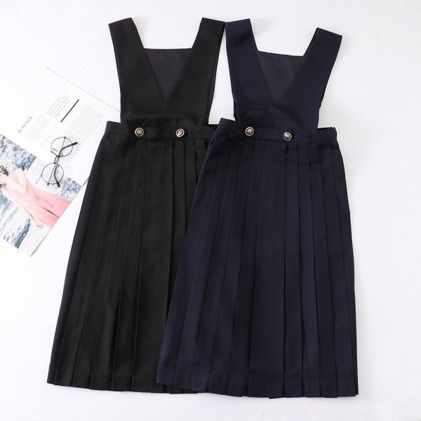Basic uniform dress with straps, dress with chest protection, pleated skirt, long skirt