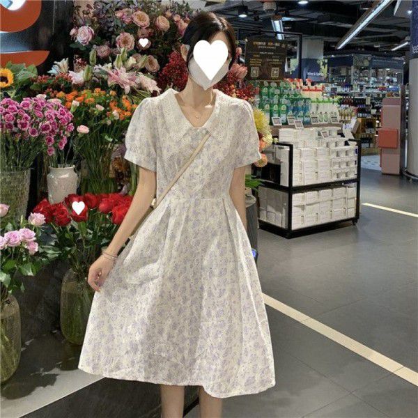 Fragmented Flower Dress Mid length Summer New Style Slim Short Sleeve French Small Dress