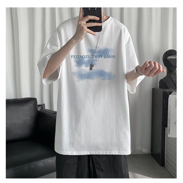 New pure cotton short sleeved T-shirt for men's creative trendy brand loose fitting men's half sleeved round neck T-shirt for men's clothing