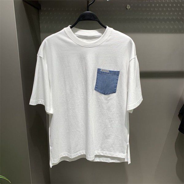 Men's Spring/Summer New Men's Denim Panel Wide White Short Sleeve T-shirt