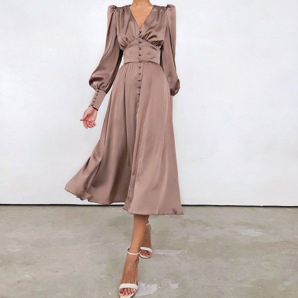 AliExpress New Solid Satin Fashionable Style V-Neck Design Sense Lantern Sleeve Mushroom Button Long Sleeve Dress for Women