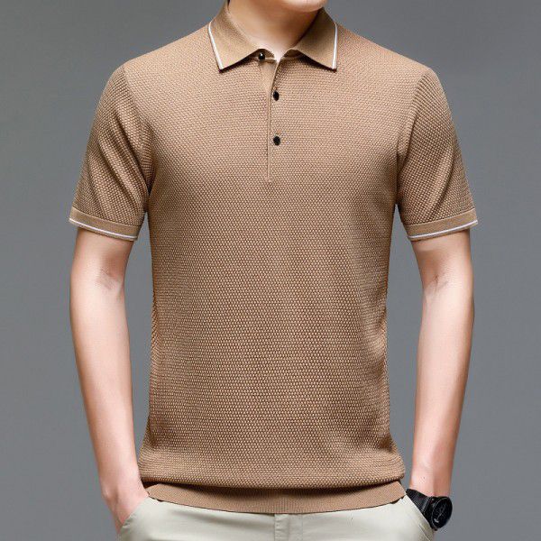 Dress up as a business casual fashion versatile men's T-shirt with a solid lapel color and breathable mesh short sleeves