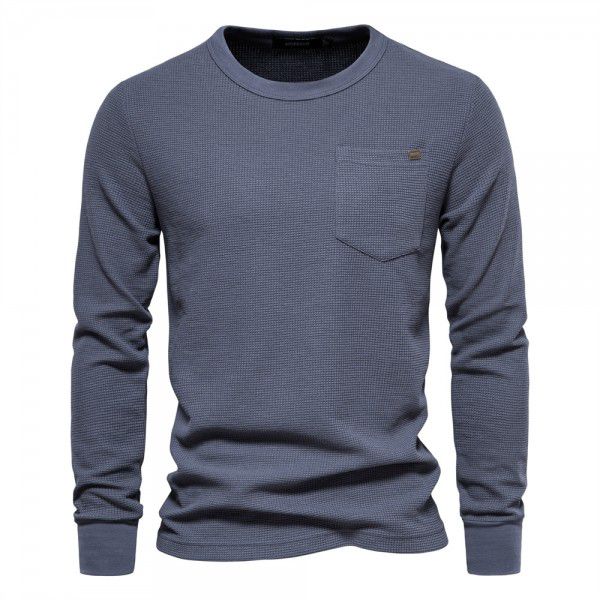 Spring and Autumn Men's Round Neck Pocket Waffle Long Sleeve Top Men's T-shirt