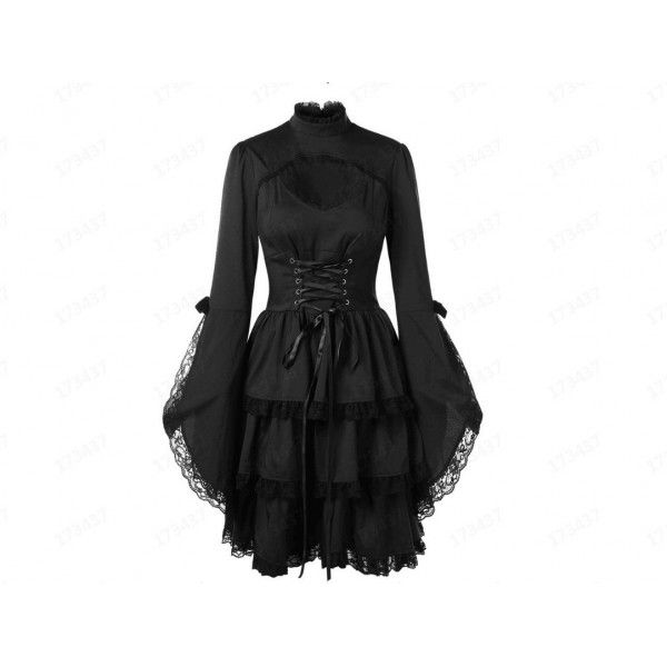Vintage Dark Gothic Lace Patch Long Sleeve Standing Neck Lace Up Dress