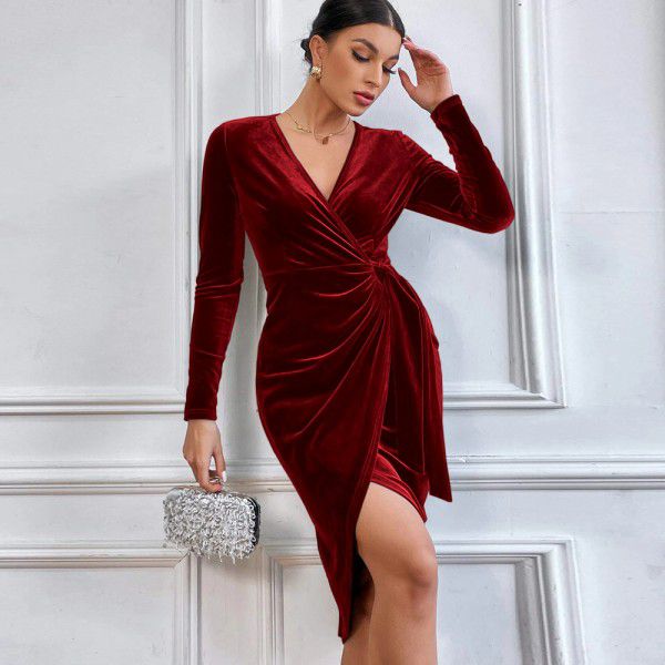 Sexy long dress with V-neck and buttocks, irregular mid length dress, cocktail dress, female