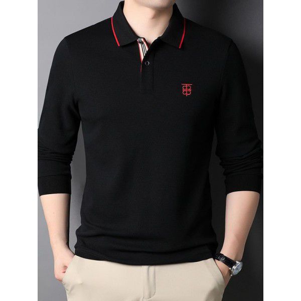 Autumn Men's Youth Long Sleeve Fashion T-shirt with Polo Collar Printed Bottom Cotton Men's POLO Shirt Top