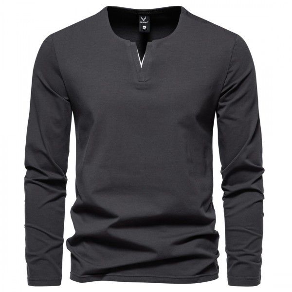 Autumn and Winter New Men's Henley T-shirt V-neck Long Sleeve T-shirt American Retro Casual Solid Base T-shirt Men's