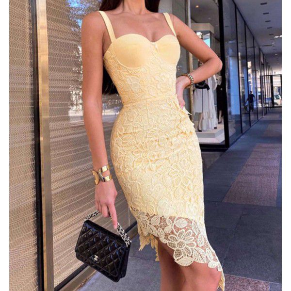 Small Dress Lace Lace Strap Strap Sleeveless Mid length Irregular Hem Bandage Dress