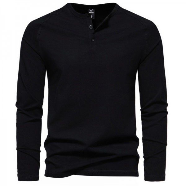 Autumn New Men's Henry Neck Long Sleeve T-shirt Large Casual Solid Underlay Shirt for Men