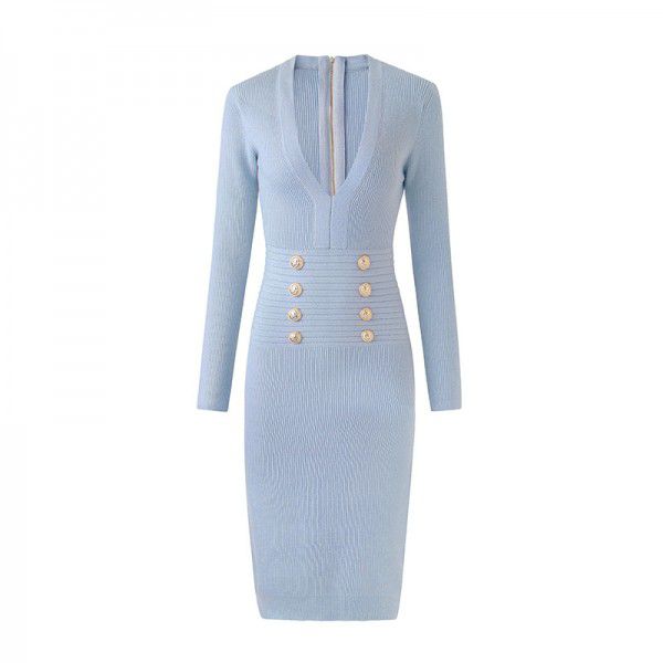 Blue long skirt temperament commuting high waisted knitted dress with wool
