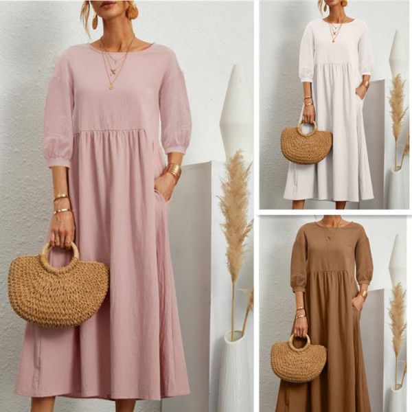 New Women's Solid Color Fashion Lantern Sleeves Loose Cotton Linen Pocket Dress
