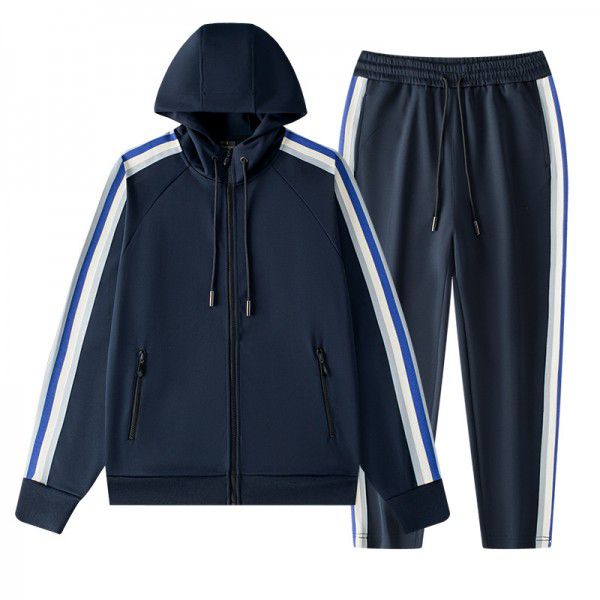 Autumn and Winter Sports Set Men's Windbreaker Hooded Cardigan Sweater Coat Long Pants Two Piece Running Training Casual