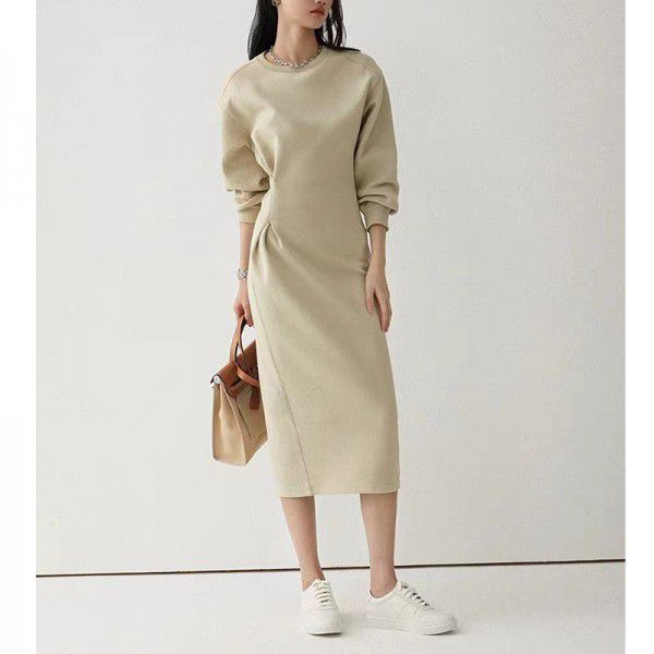 Early Autumn New Air Layer Waist Fold Sweatshirt Style Dress Shows Slim Length