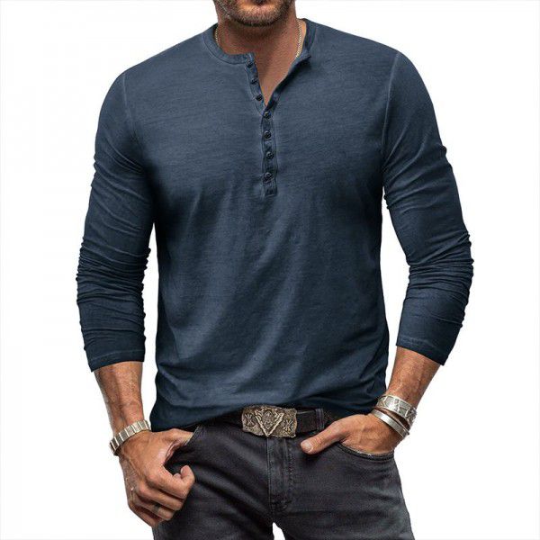 Men's imitation old Henry shirt retro long sleeved T-shirt cross-border men's button washed old V-neck T-shirt top