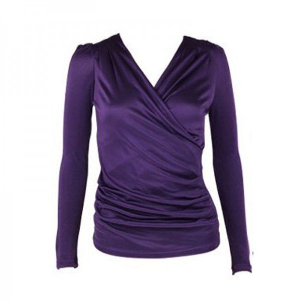 Silk Women's T-shirt V-neck Long Sleeve Underlay Fashion and Elegant Silk Women's Pleated Slim Top