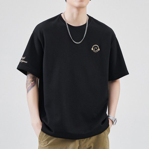 Summer New Embroidery Small Icon Short Sleeve T-shirt for Men's Loose Fashion Versatile Wear