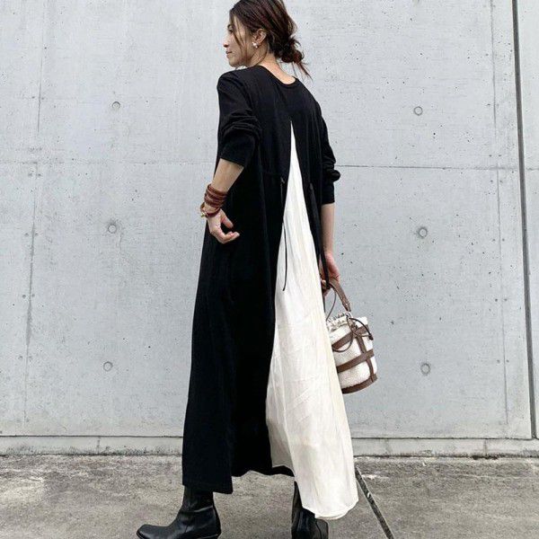 Spring and Autumn New Fashion Brand Versatile Cotton Black and White Spliced Long Sleeve Dress 