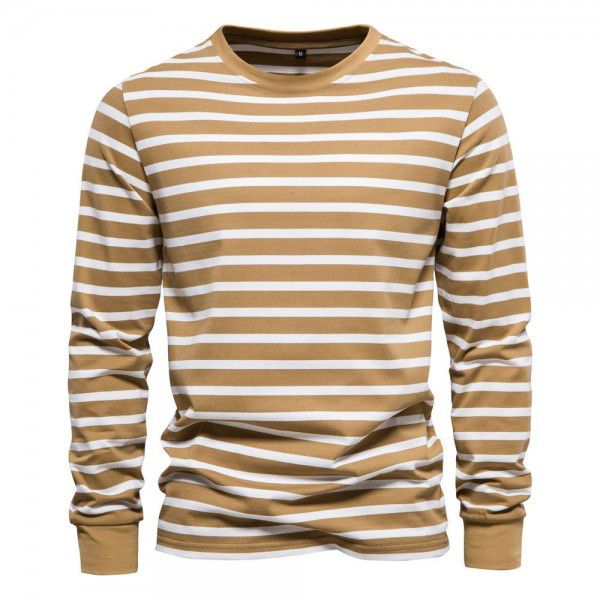 Spring New Casual Long Sleeve T-shirt Men's 100% Cotton Striped Top Round Neck Men's Pure Cotton Underlay Shirt