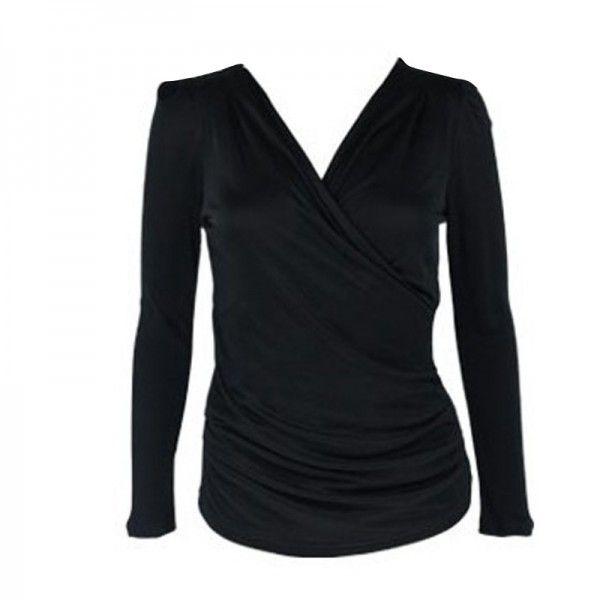 Silk Women's T-shirt V-neck Long Sleeve Underlay Fashion and Elegant Silk Women's Pleated Slim Top