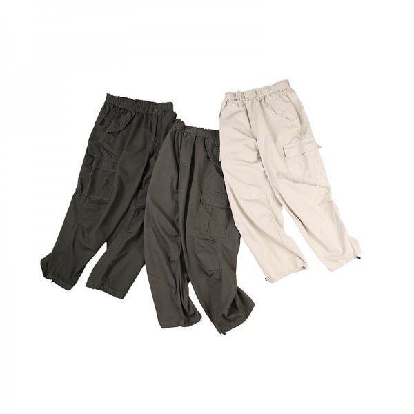 Autumn new men's solid color multi pocket straight leg pants retro casual pants for men