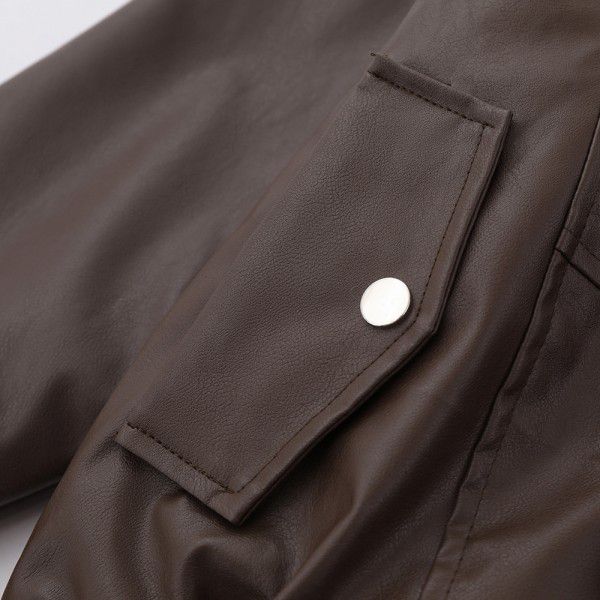 Winter plush and thickened motorcycle loose jacket for men's standing collar leather cotton jacket