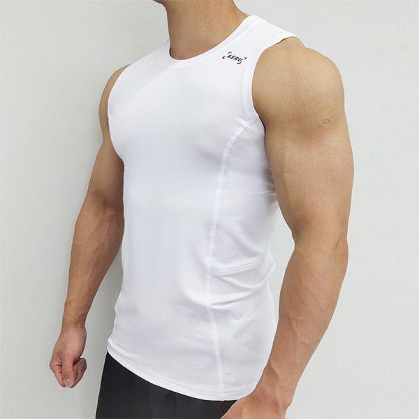 Summer men's fitness vest, solid color wide shoulder small neckline sports vest, men's milk silk quick drying tight fitting suit