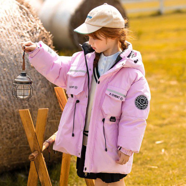 Children's down jacket, girl's medium length winter medium to large children's white duck down thickened fashionable jacket
