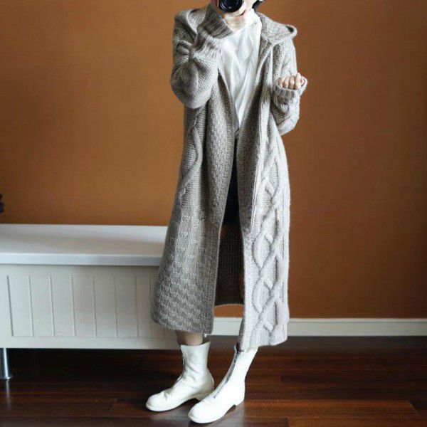 Spring, autumn, and winter women's hooded thickened knitted cardigan long women's coat sweater jacket