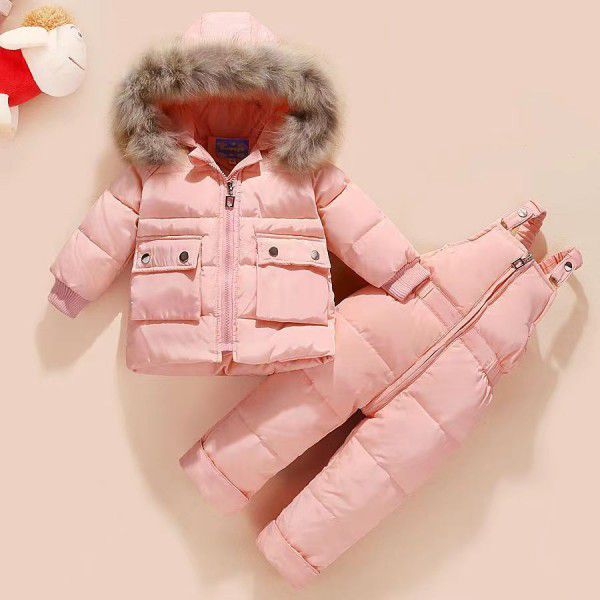 Baby down jacket girl set two-piece set for boys aged 1-3, winter clothing for infants and young children, new thickened jacket for children