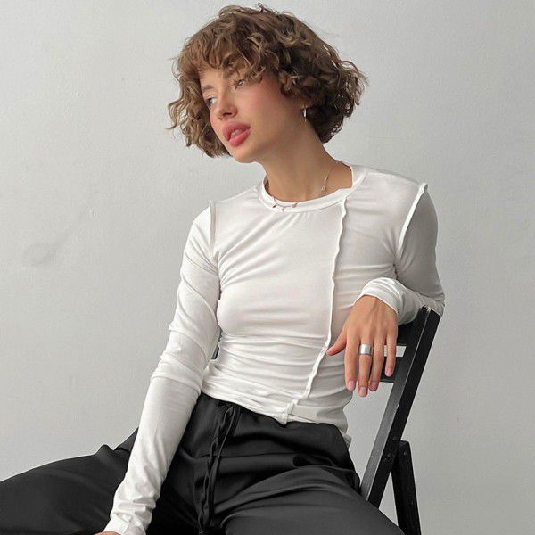 Spring New Commuter Leisure White Long sleeved Top T-shirt, Small Stand Underlay Knit