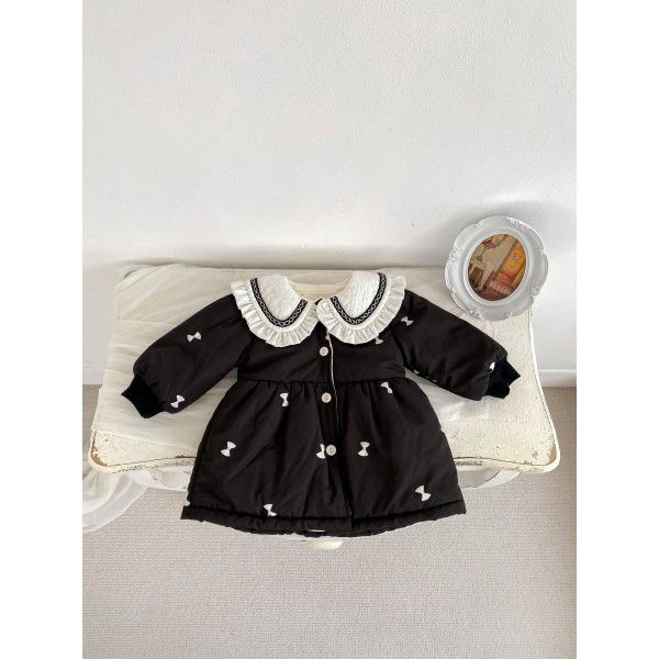 Baby winter cotton jacket, girl baby long thick cardigan, cotton jacket with stylish lace lapel and cotton jacket 