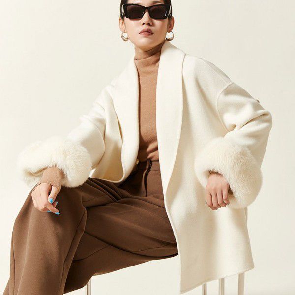Autumn and winter camel fur double-sided woolen coat, wool coat, short fox fur, small coat for women 