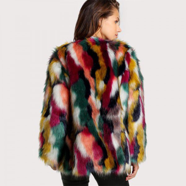 Fur coat, colorful fur imitation fur coat, short long sleeved collarless casual women's winter fur coat