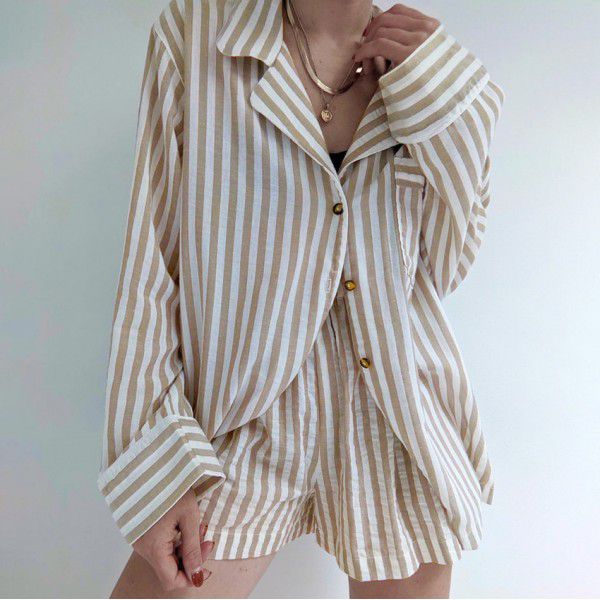 Pure cotton striped niche long sleeved top and shorts two-piece set for autumn and winter new women's clothing
