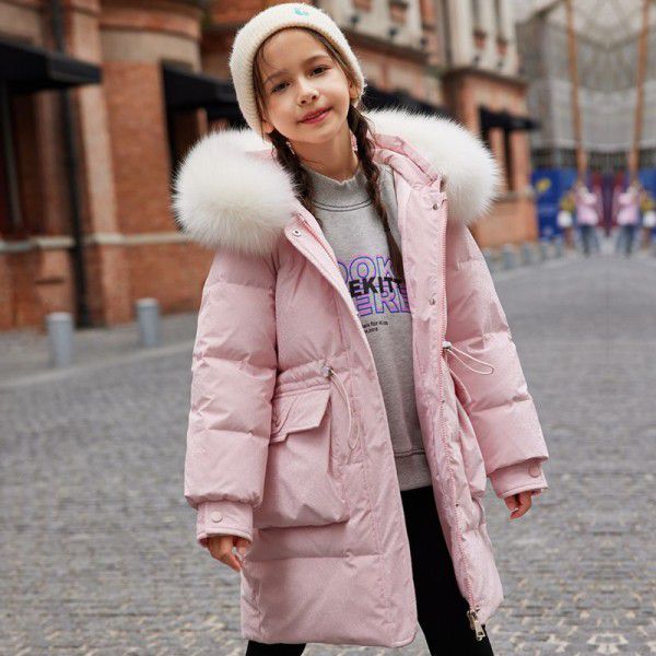 Children's down jacket, girl's medium length winter medium to large children's white duck down thickened warm jacket