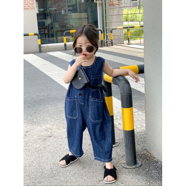 Children's Bodysuit Strap Pants Spring/Summer Boys' and Girls' Korean Version Fashion Loose Workwear Sleeveless Denim Bodysuit 