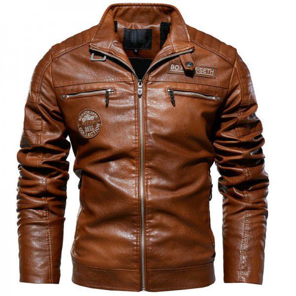 Men's leather jacket autumn and winter new men's PU leather jacket men's motorcycle jacket plush leather jacket men's 