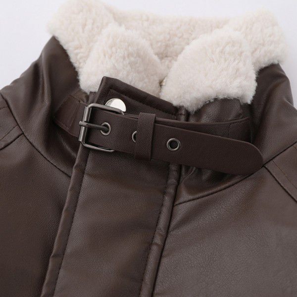 Winter plush and thickened motorcycle loose jacket for men's standing collar leather cotton jacket