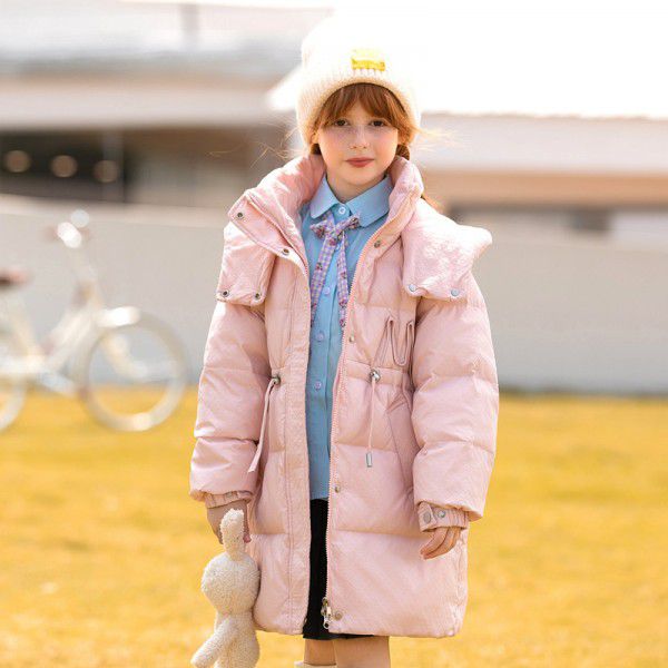 Girls' down jacket, children's medium length, girls' medium to large children's thick white duck down winter coat