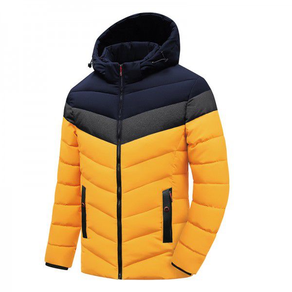 Men's cotton jacket, casual and trendy hooded jacket, men's warm and fashionable color blocking cotton jacket