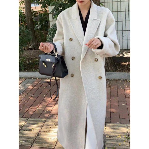 Autumn and winter women's extended high-end suit collar with double breasted wool coat temperament 
