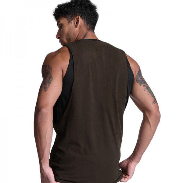 Summer Men's Sports Tank Top Trendy Brand Loose Large Split Solid Color Sleeveless T-shirt Quick Drying Round Neck Tank Top for Men