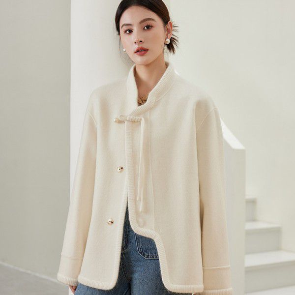 Double sided cashmere coat with button up for women's autumn and winter high-end woolen jacket 