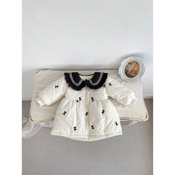 Baby winter cotton jacket, girl baby long thick cardigan, cotton jacket with stylish lace lapel and cotton jacket 