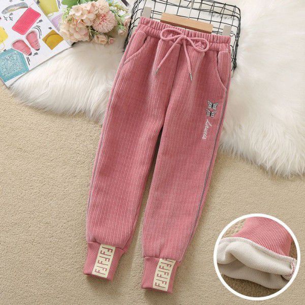 Girls' embroidered pants autumn and winter new plush and thickened leggings Chinese children's Korean casual pants sports pants 