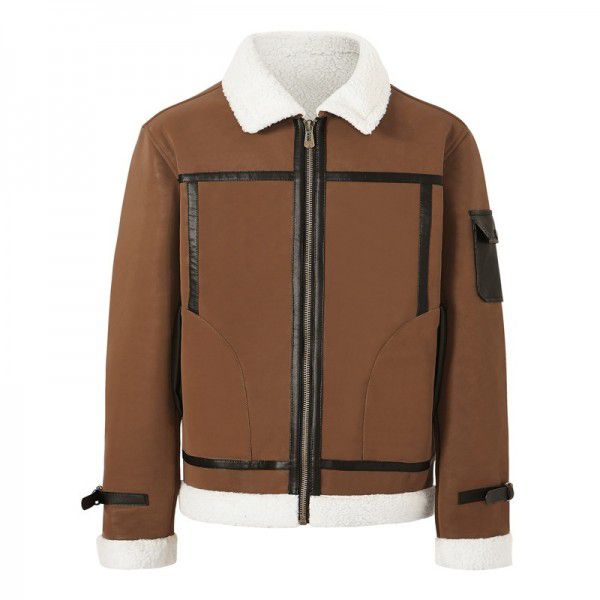 Flip collar plush leather jacket men's fur and fur integrated large leather jacket 