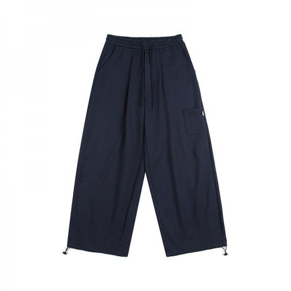 Autumn solid color wide edition men's casual pants, Japanese retro loose leg drawstring straight leg pants