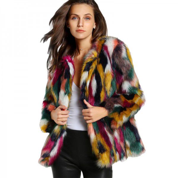 Fur coat, colorful fur imitation fur coat, short long sleeved collarless casual women's winter fur coat