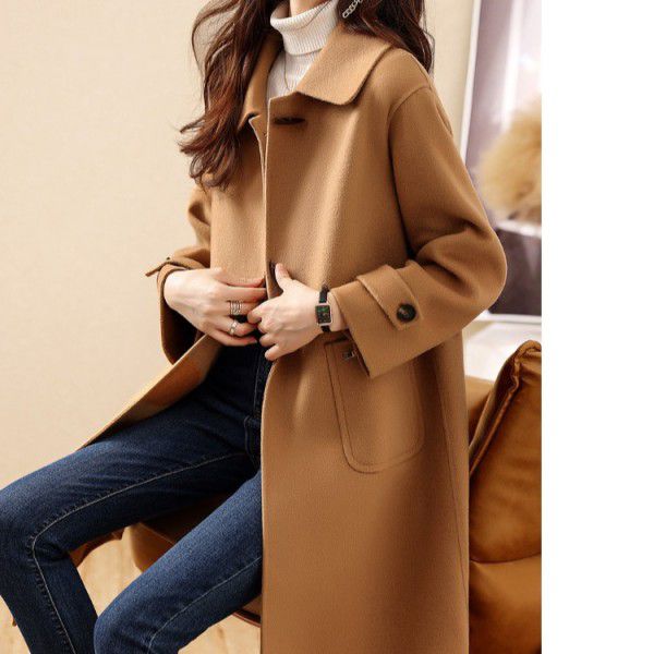 Women's autumn and winter new temperament casual mid length woolen coat minimalist foreign style woolen coat 
