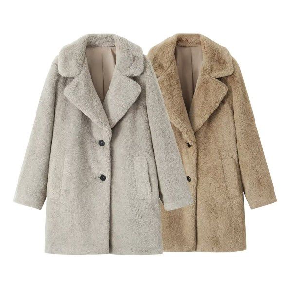 Autumn and winter new women's versatile suit collar single breasted long sleeved artificial fur effect coat jacket